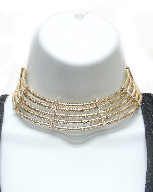 Crystal and textured metal tube necklace