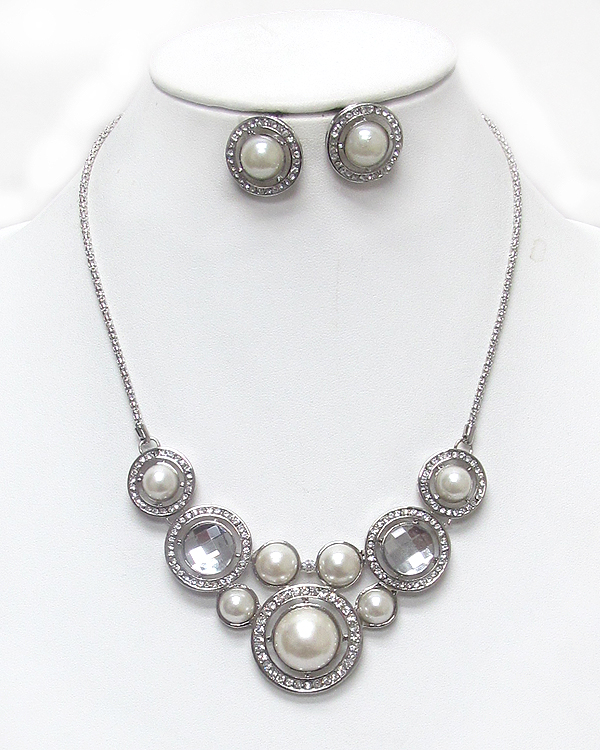 Multi crystal and pearl bubble link necklace set