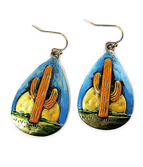 Western cactus and sun teardrop earring