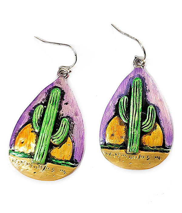 Western cactus and sun teardrop earring
