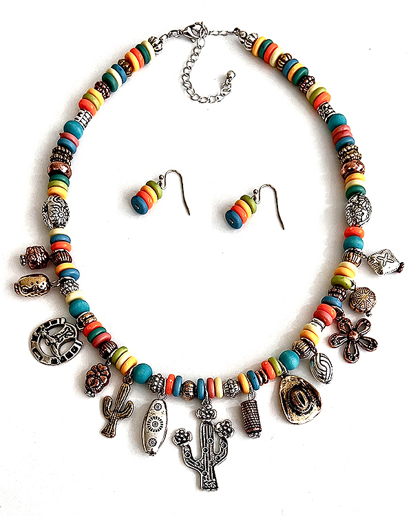 Western theme multi charm dangle necklace set