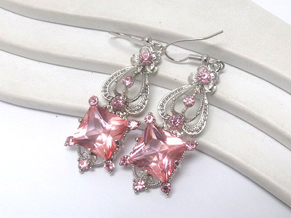 Crystal metal heart and facet glass square drop earring
