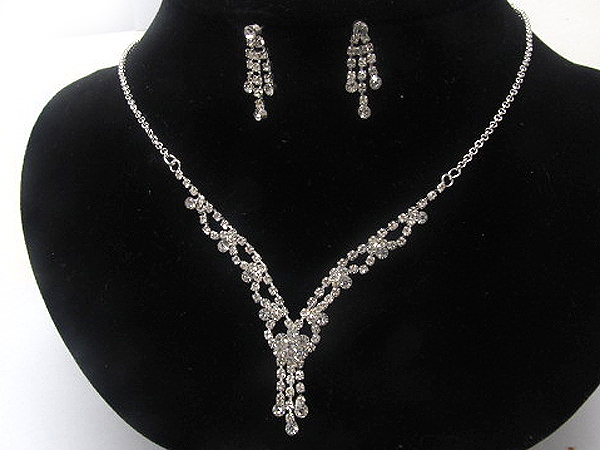RHINESTONE CENTER FLOWER PARTY NECKLACE EARRING SET