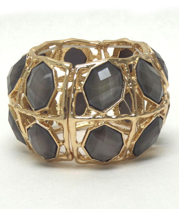 Facet acrylic stone and liquid metal frame double stretch bracelet