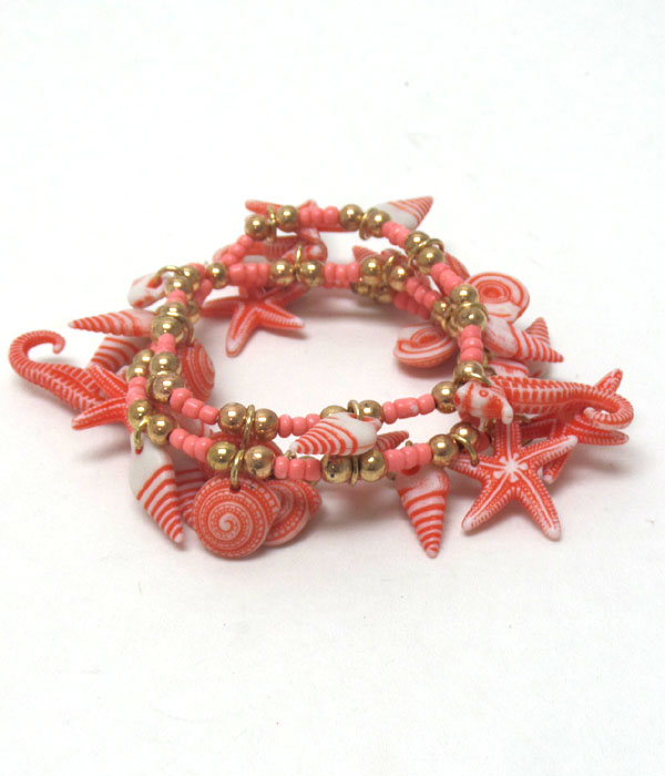 Three layer sealife charm stretch bracelet