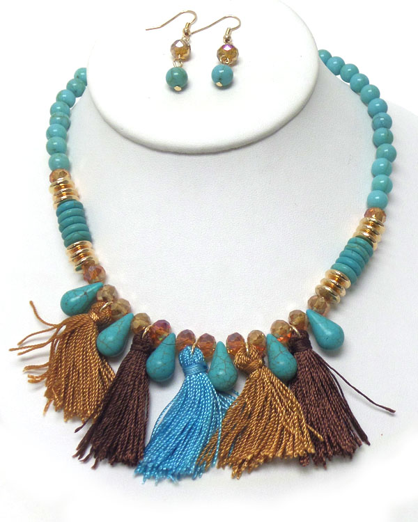 Turquoise stone and multi tassel necklace set