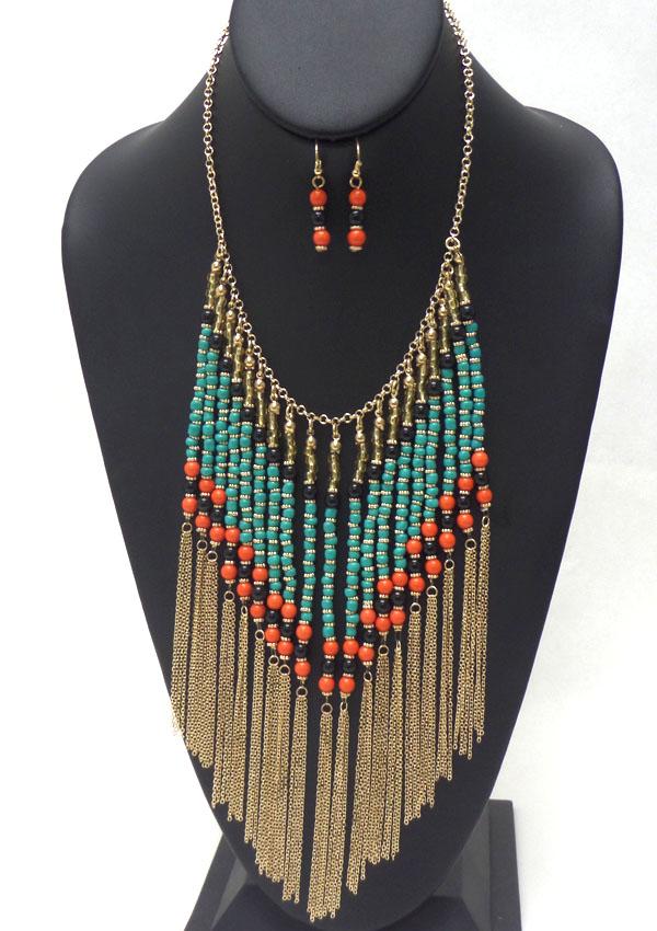Multi beads and fine chain drop bib necklace set