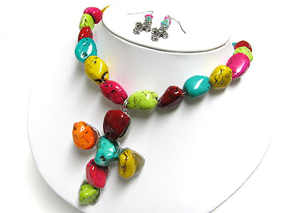 Natural stone large cross pendant necklace and earring set