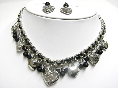 Metal heart and beads drop chain necklace and earring set