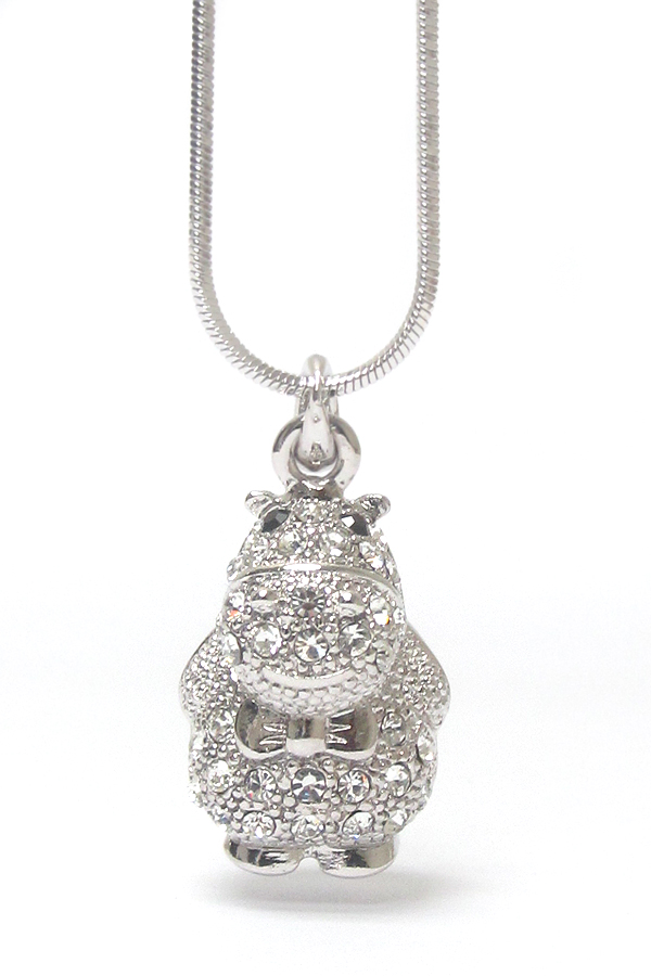 WHITEGOLD PLATING CRYSTAL HIPPO PENDANT NECKLACE