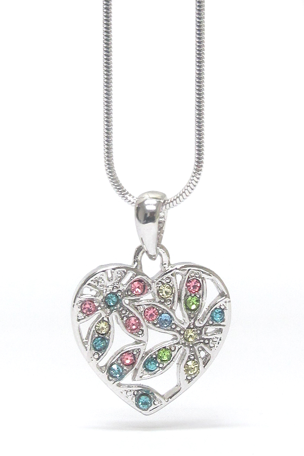 WHITEGOLD PLATING MULTI COLOR CRYSTAL HEART PENDANT NECKLACE