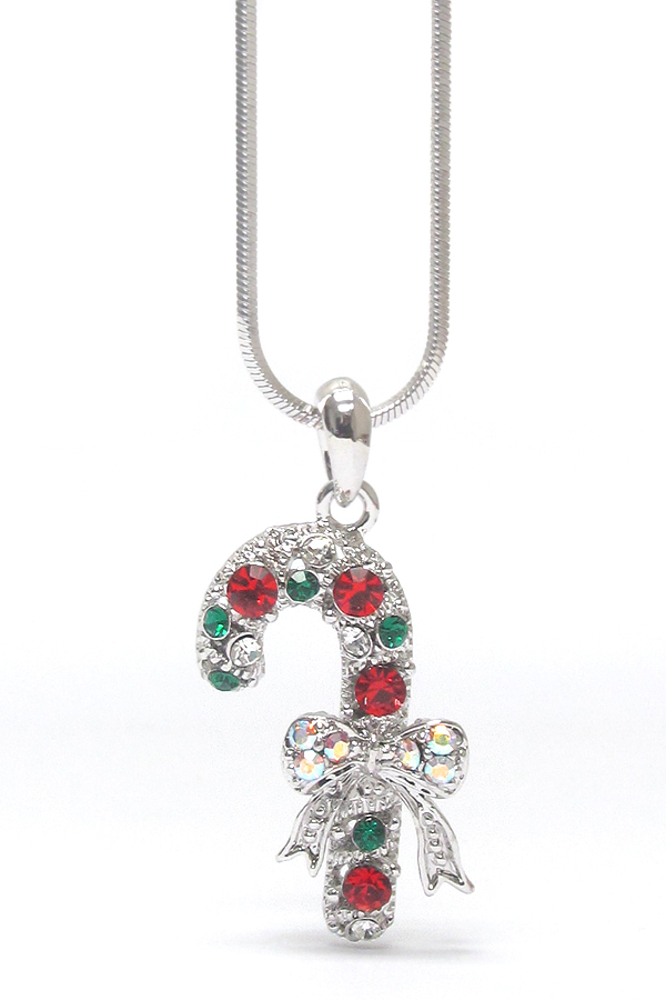 WHITEGOLD PLATING MULTI COLOR CRYSTAL CHRISTMAS CANDY CANE STICK PENDANT NECKLACE