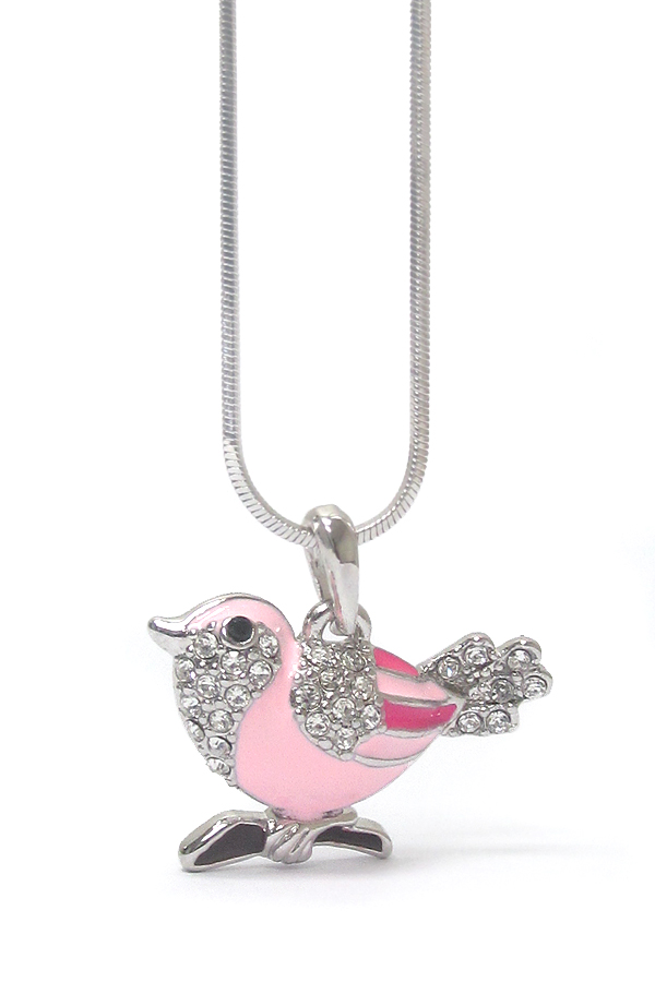 Made in korea whitegold plating epoxy and crystal stud bird pendant necklace