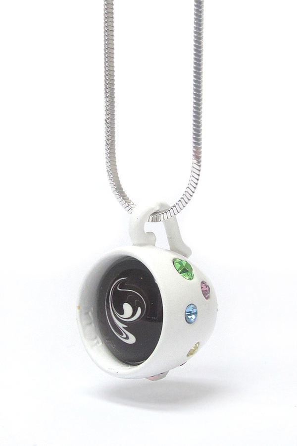 Made in korea whitegold plating enameled metal crystal stud miniature coffee cup pendant necklace