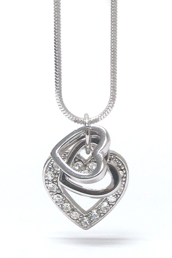Made in korea whitegold plating crystal triple heart link pendant necklace