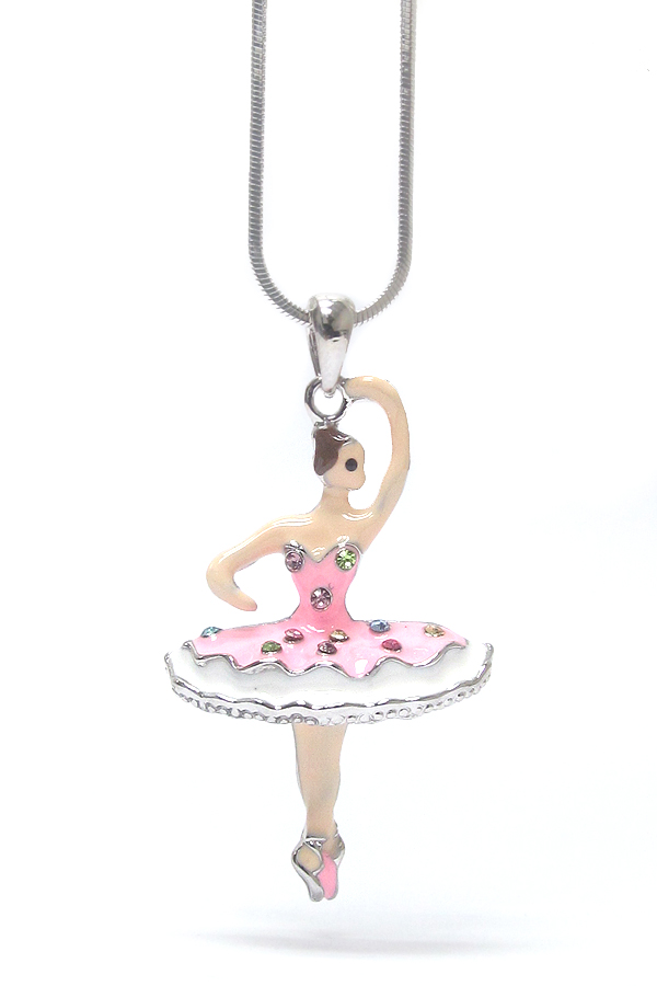 WHITEGOLD PALTING CRYSTAL AND EPOXY BALLERINA PENDANT NECKLACE