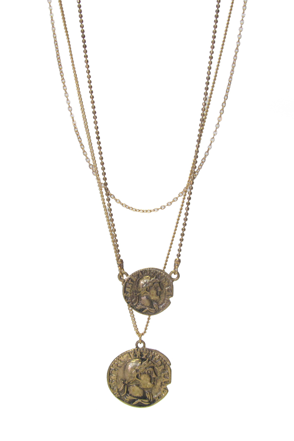 TRIPLE CHAIN COIN PENDANT NECKLACE