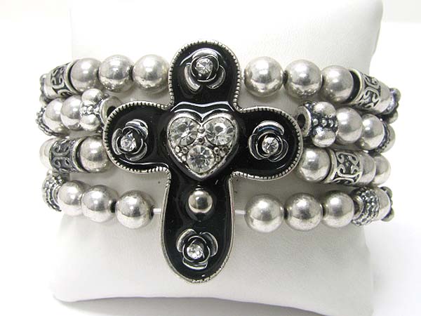 Medieval design metal round edge cross top metal ball stretch bracelet