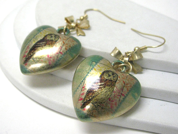 Antique style owl paint on a puff heart earrings