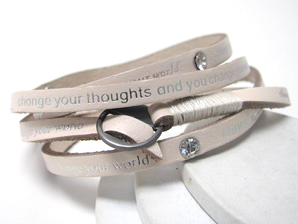Synthtic leather coiled message friendship bracelet - change your thoughts and you change your world - free wrap style