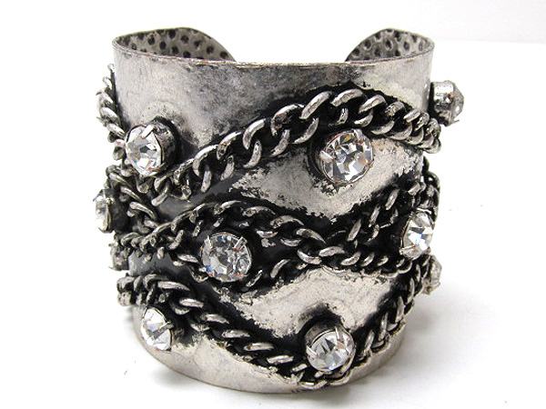 Multi crystal and metal twist chain deco hammered cuff bangle