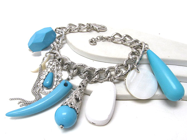 SHELL AND MULTI ACRYL TUSK DANGLE CHARM CHAIN BRACELET