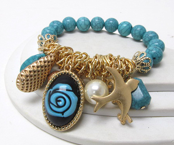 Multi acryl stone fashion oval glass inside print flower drop with crystal fireball and pearl mixed charm chain stretch bracelet