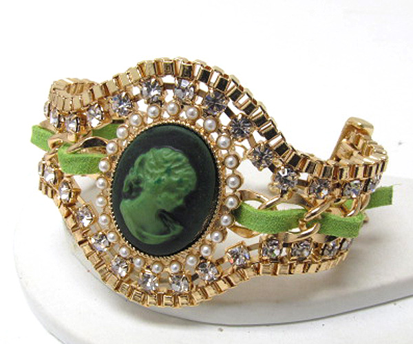 Crystal and pearl cameo fashion braided fabric with chain bracelet