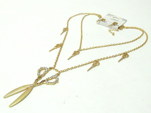 One crystal large scissors and mulit fashion dangle theme small scissors double layer chain necklace earring set