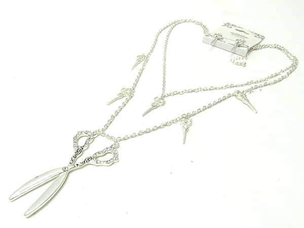 One crystal large scissors and mulit fashion dangle theme small scissors double layer chain necklace earring set