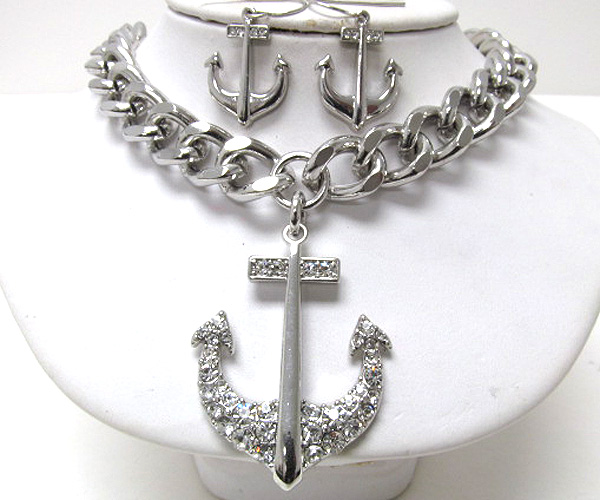 Crystal anchor pendant thick chain necklace earring set
