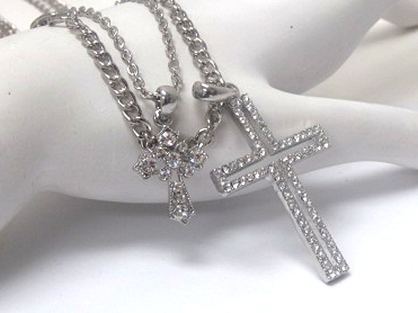 Crystal cross and one small cross double chain necklace