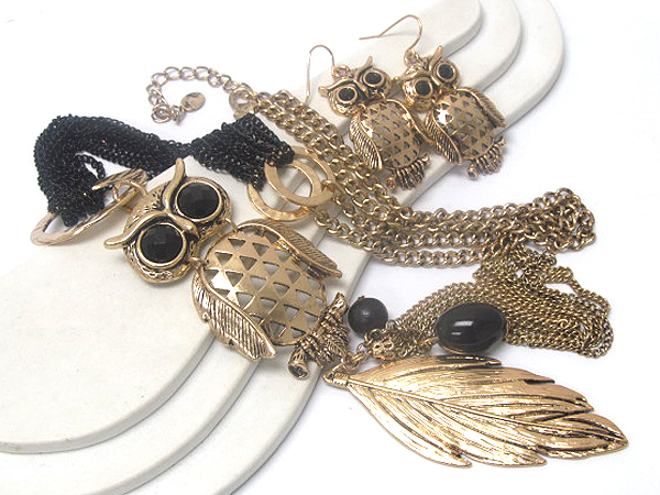 Multi fashion colorful chain drop crystal eyes metal owl with leaf chain dangle drop long chain necklace earring set