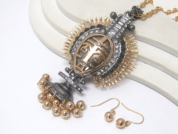Muti crystal stone on aztec warrior head drop dangle metal balls drop long chain necklace earring set  -western