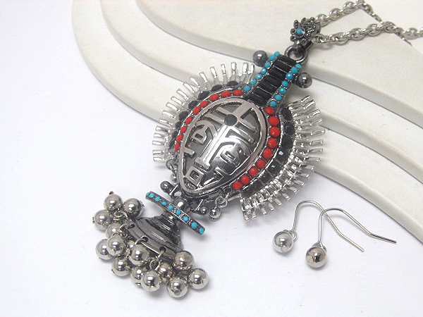 Muti crystal stone on aztec warrior head drop dangle metal balls drop long chain necklace earring set -western