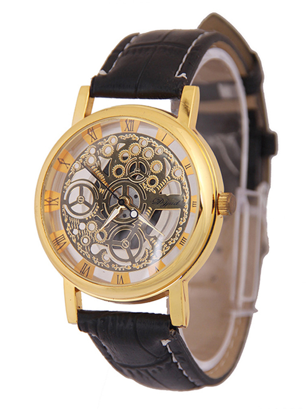 See through skeleton leather band watch