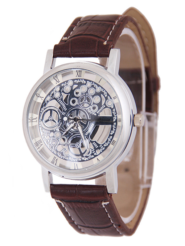 See through skeleton leather band watch