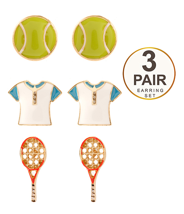 SPORT THEME 3 PAIR EARRING SET - TENNIS