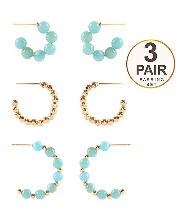 MULTI BALL BEAD MIX 3 PAIR HOOP EARRING SET