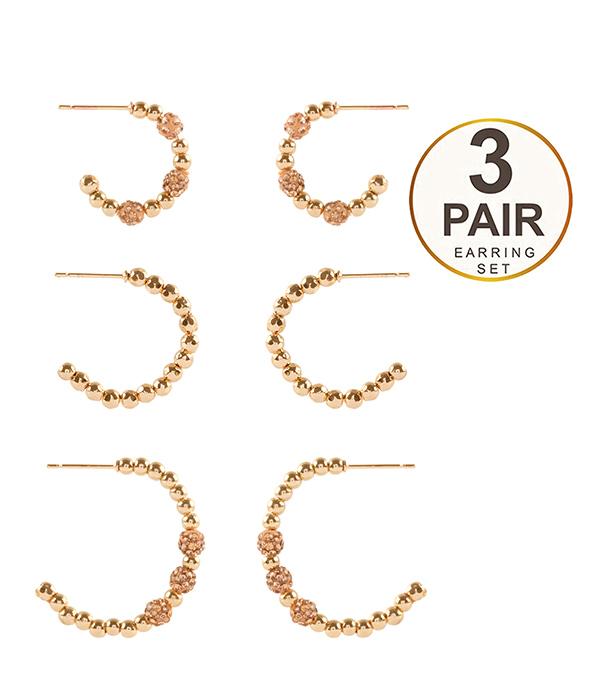 MULTI BEAD MIX 3 PAIR HOOP EARRING SET