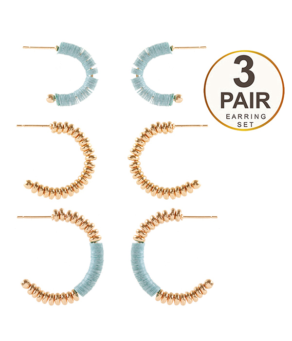 MULTI BEAD MIX 3 PAIR HOOP EARRING SET