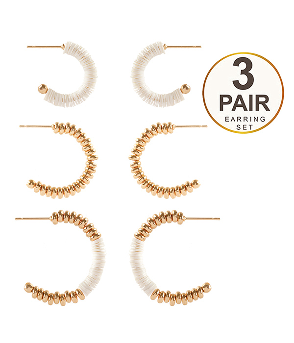Multi bead mix 3 pair hoop earring set