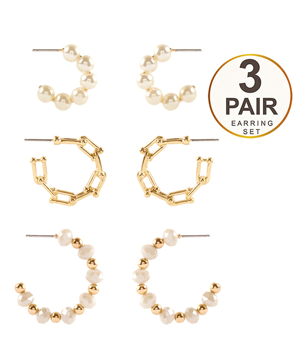 MULTI BEAD MIX 3 PAIR HOOP EARRING SET