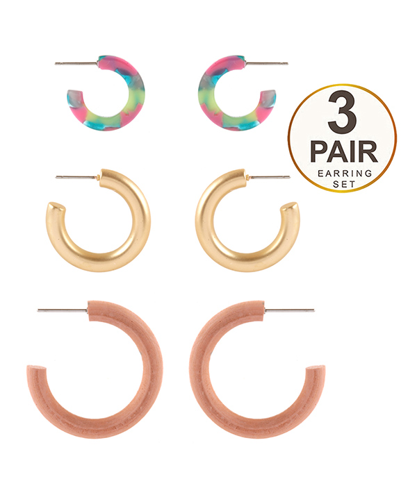 ACETATE AND METAL 3 PAIR HOOP EARRING SET