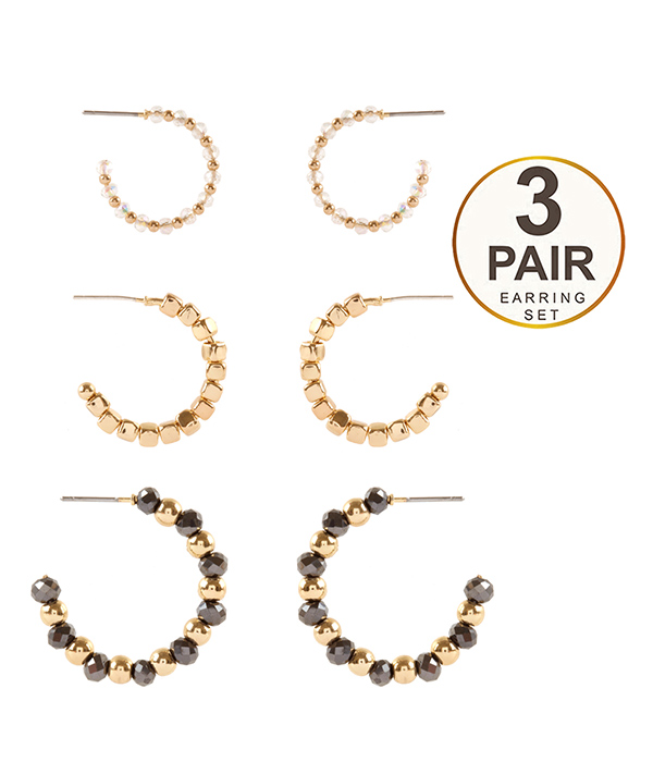 Multi bead mix 3 pair hoop earring set