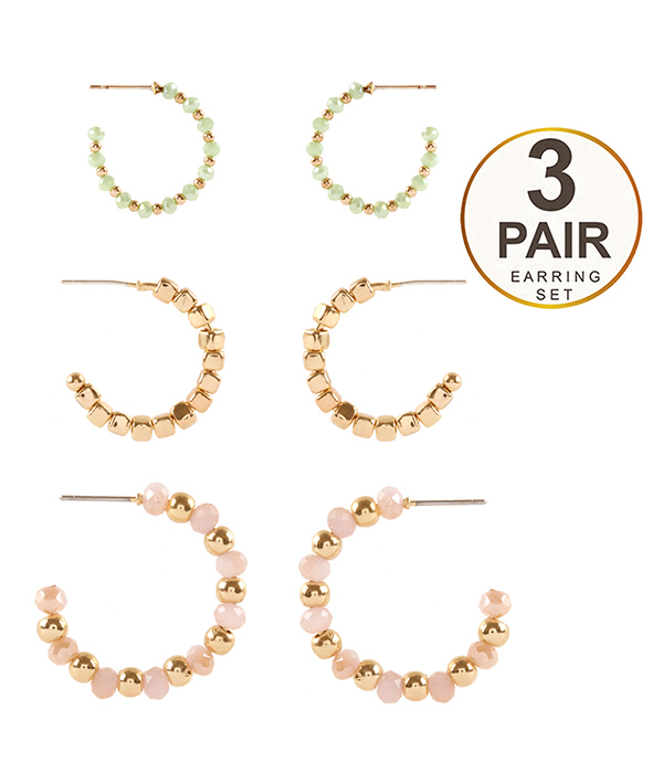 Multi bead mix 3 pair hoop earring set