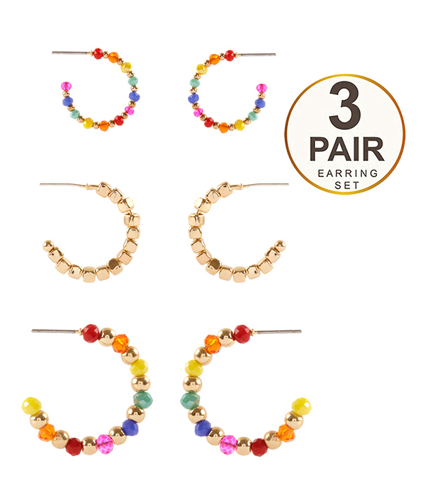 MULTI BEAD MIX 3 PAIR HOOP EARRING SET