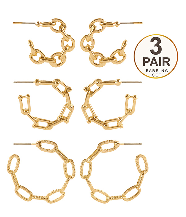 METAL CHAIN SHAPE 3 PAIR HOOP EARRING SET