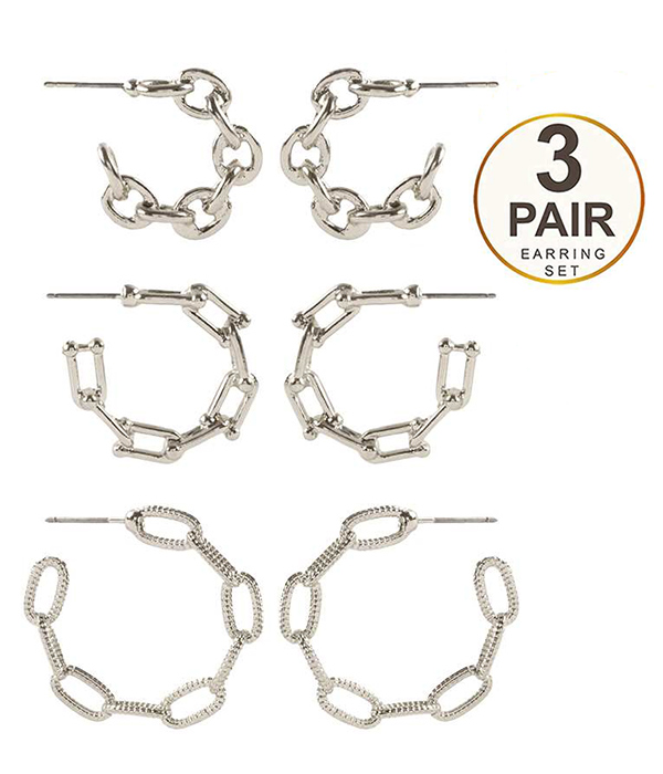 METAL CHAIN SHAPE 3 PAIR HOOP EARRING SET