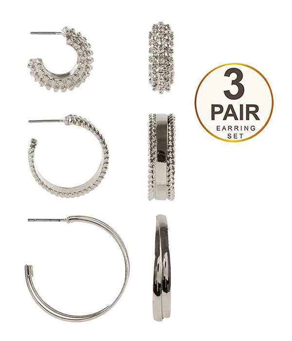 TEXTURED METAL 3 PAIR HOOP EARRING SET